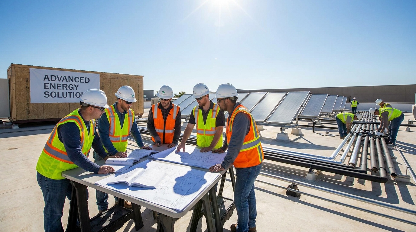 Project team reviewing rooftop solar hot water installation plans for a commercial solar thermal system with supplier technical support